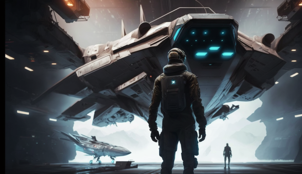 Futuristic soldier stands in front of space fighter ship in shuttle bat